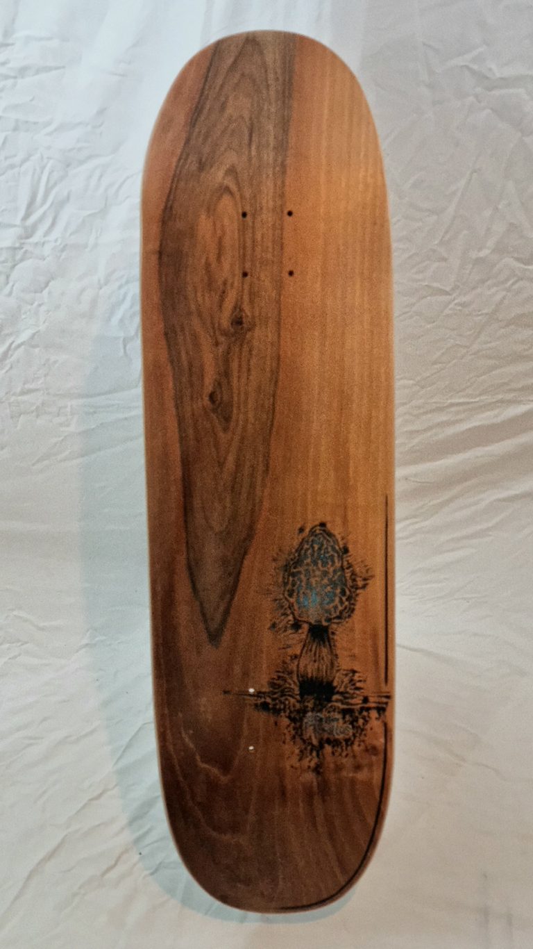 planche de skateboard faite à la main, vue de dessous, nous offrant une feuille de bois de noyer français ornée d'une morille noire et bleue peinte à la main
